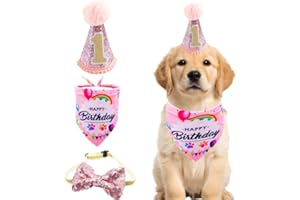 BIPY Pink Dog 1st Birthday Hat、Bandana and Bowtie for Girls Small Medium Dogs Cats happy birthday hat Doggy Party Supplies Adjustable Pet Collar Bowtie Celebration Pet Birthday Neckerchief Set