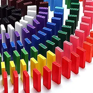 RABBITTOM Domino Wooden Creative Blocks Educational Buliding Game Set 100 pcs Imported Domino for Kids Standard 12 Colors (Milticolor) (100 PCS..)