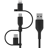 Belkin Evrensel Kablo (3'&uuml; 1 arada USB-C, Lightning, Micro-USB Şarj Kablosu) Akıllı Telefonları, Tabletleri, G&uuml;&ccedil; Bankalarını 