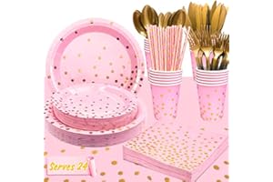 FRUITFUL PARTY Pink und Gold Partygeschirr,193pcs Rosagoldfolie Partygeschirr Rosa Pappteller Set-Rosa Pappteller und Becher Servietten Tischdecke ect, für Geburtstag,Babyparty,Hochzeiten,Jubiläums (24 Gäste)