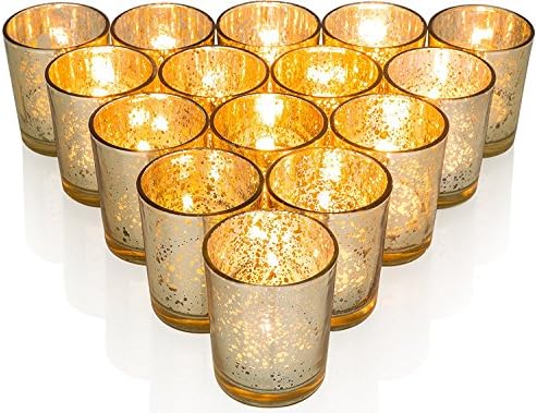 Premium Votive Candle Holders made of Mercury Glass with Speckled Gold - Adds warm elegant glow to every Home or Wedding Decor, Set of 20