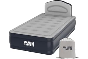 YAWN AIR Self-inflating Airbed - Great Guest Bed, Camping Mattress - Built-in Pump & Headboard - Grey Fabric Material - Available in UK Single, Double and King - Single Size