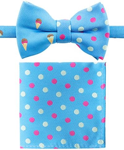 Canacana Sweet Ice Cream Woven Microfiber Pre-tied Boy's Bow Tie with Polka Dots Pocket Square Gift Box Set - Baby Blue - 4 - 7 years