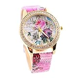 Damen Luxury Uhren, Keepwin Frauen Charme Bunt Blumen Dial Diamant Goldton Armbanduhr Analoges Quarzwerk Kunstlederuhr (D)