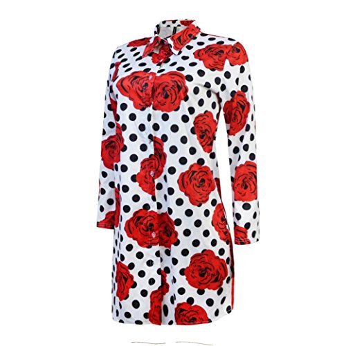 Preisvergleich Produktbild Hmeng Frauen Langarm Dünner Pullover Blumendruck Beiläufige Lose Hoodies Sweatshirts Tunika Mini Shirt Kleid mit Tasche (Rot, 2XL)