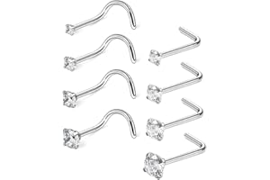 LEEQ 20 Gauge Anneaux de Nez Courbés en Acier Inoxydable Bague du Nez Vis de Zircon Piercing Bijoux pour le Corps, Vis et L Bend Forme, 8 Pièces