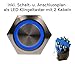 Produktbild Taster 19mm Edelstahl VA 230V/5A LED blau 12V Drucktaster Klingeltaster