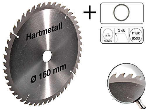 Kreissägeblatt Hartmetall 160 x 20 mm 48 Z + 1 Reduzierring auf 16 mm