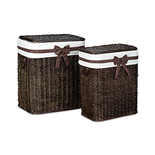 Relaxdays Wäschekorb 2er Set geflochten Buri eckig H x B x T: 56,5 x 46,5 x 33,5 cm stapelbare Wäschetruhe mit herausnehmbarem Wäschesack ca. 67 L Wäschesammler mit Schleife atmungsaktiv, schokobraun - 2