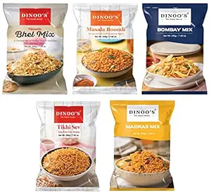 Dinoos Combo Pack of 5 Namkeens(Masala Bhel Mix - 1,Plain Boondi - 1,Bombay Mix - 1,Tikhi Sev - 1,Madras Mix - 1), 200 gms each