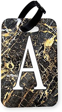 WTF | Custom Marble Large Initials | Printed Art Faux Leather Passport Cover/Luggage Tag (Luggage Tag, Black Gold Marble)