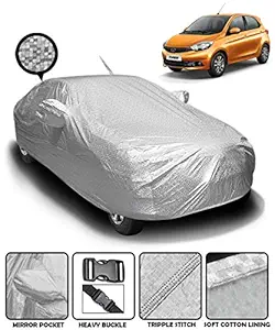 Fabtec Waterproof Car Body Cover for Tata Tiago with Mirror and Antenna Pocket and Soft Cotton Lining (Full Bottom Elastic Triple Stitched) (Metallic Silver)