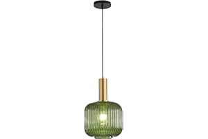 HJXDtech Industrial Vintage Acanalado Cristal y Latón Acabado Colgante Luz, Moderno Retro Loft Bar Lámpara de techo para dormitorio Cocina (Verde, 20 cm)