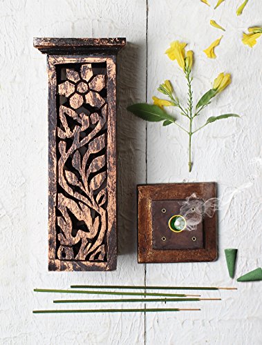 Store Indya, Hand geschnitzte holzerne Raucherstabchenhalter Turm u. Kegel Brenner mit herausgeschnittenen Arbeits Haus Dekor Zusatzen (10x10x30, Braun) - 5