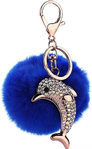 Aokbi 2017 New Hot Solid Color Artificial Rabbit Fur Dolphin Pendent Ball Keychain Handbag Car Key Ring (Blue)