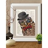 Kunstdrucke, eule, vogel, Herz auf Antike Buchseite,#EU06