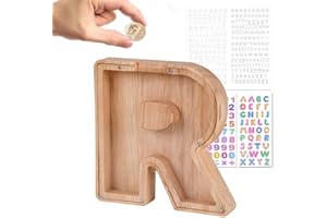 Wivico Wooden Letter Money Box|Reward Jar|Piggy Banks for Kids|Personalised Fillable Letters Clear Money Box|A-Z Letters Coin Bank for Christmas Birthday Gift/Keepsake|with Alphabet Stickers(R)