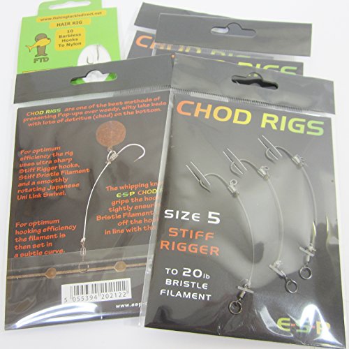 FTD - Min of 6 (2 packs of 3) E-S-P CHOD RIGS (Stiff Rigger) Micro Barbed Carp Fishing Hooks - Size 4, 5, 6 & 7 - also comes with 10 FTD Hair Rigs