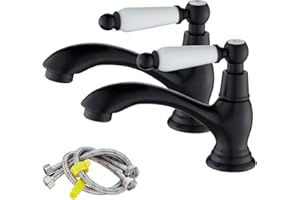 Maynosi Bathroom Basin Pillar Taps, Pair Basin Sink Taps with Dual Ceramic Levers, Traditional Faucet for Washroom, 1/4 Turn, Include Flexible Hoses, Solid Brass, Matte Black