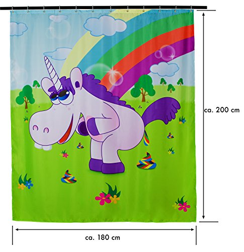 Design Antischimmel Duschvorhang – Drunky Unicorn Aufdruck – ca. 200 x 180 cm – inkl. 12 Duschvorhangringe – Venkon ® - 2