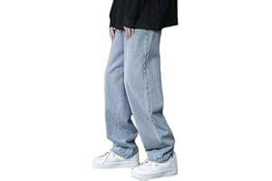 ORANDESIGNE Jeans pour Hommes Pantalon Straight Fit Jeans Denim Pants Pantalon Court Décontracté Ample à Jambe Large Droite Tendance Hip Hop Jean de Skate Adolescent