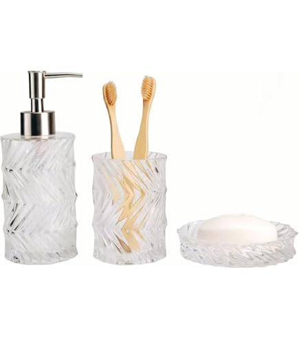 Set Bagno In Vetro RUNQIN 5 Pezzi – Dispenser Sapone, Portasapone, Tazza, Portaspazzolino E Barattolo Cotone – Verde Salvia, Elegante E Moderno
