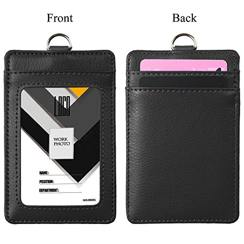 Indressme 2-Sided Vertical Genuine Leather ID Badge Holder with Lanyard