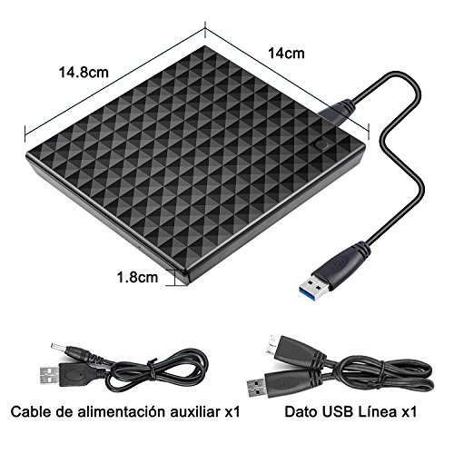 Grabadora CD DVD Externa  Deepow Unidad de CD DVD lector de CD Externa Port  til con USB 3 0  Quemador Drive con Cable de Datos y Cable de Alimentaci  n para Windows 7   8   10  MAC OS y otra Sistema