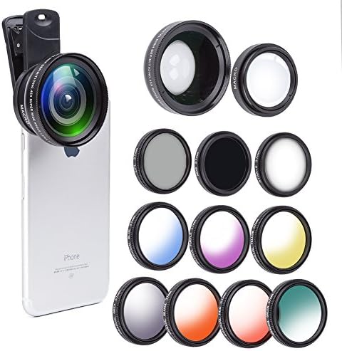 Phone Camera Lens 12 In 1professional Camera Lens Kit 12.5x MACRO LENS 0.45x Wide Angle Lens,CPL Lens 37mm,Star Flter ,7 Color Graduated Filter,ND8Fliter Applicable to iphone Samsung Windows