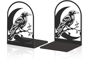 Hobbspring 2Pcs Black Bookend for Shelves Moon and Crow Metal Bookends Heavy Duty Book Shelf Holders Reading Decorative Book Ends Used on Office Library School for Back to School Small Large Heavy