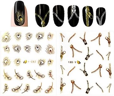 4 PCS Mixed 3D Nail Decals Gold-Plated Silver Zipper Feather Nail Stickers