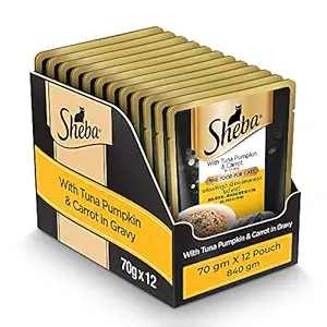 Sheba Rich Premium Adult (+1 Year) Fine Wet Cat Food, Tuna Pumpkin & Carrot In Gravy- Pack of 12 (70g x 12)