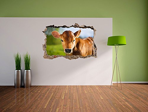 Junge Kuh Kälbchen Wanddurchbruch im 3D-Look, Wand- oder Türaufkleber Format: 92x62cm, Wandsticker, Wandtattoo, Wanddekoration - 3