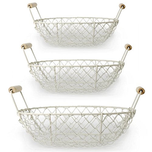 weißer Shabby Drahtkorb 3er Set Kartoffelkorb Holzhenkel Oval 25cm / 28,5cm / 31cm Dekokorb Metall