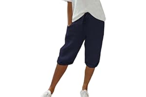 LUNULE Damen Leinenhose Sommer Einfarbig Knielang Kurze Hosen Leicht Und Luftig Leinenhose Locker Strandhose Mit Kordelzug Casual Pants Hohe Taille Caprihose Stoffhose Bequeme Freizeithose Sommerhose