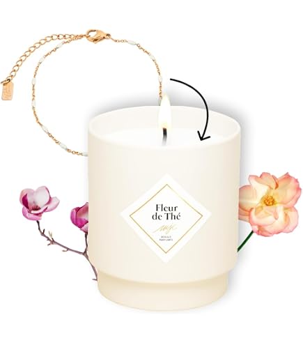 Les Merveilleuses | Bougie Bijou Parfum Fleur d'Oranger | Céramique Blanc | Collier Pierre Nacrée Plaqué Or 18 Carats | Cire Colza 100% Naturelle | Cadeau Femme | 470g
