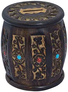 ANTIQUE MART Round Shape Carving Barrel Design Wooden Piggy Bank for Money/Coin with Key Lock for Boys and Girls and Adults (Brown)