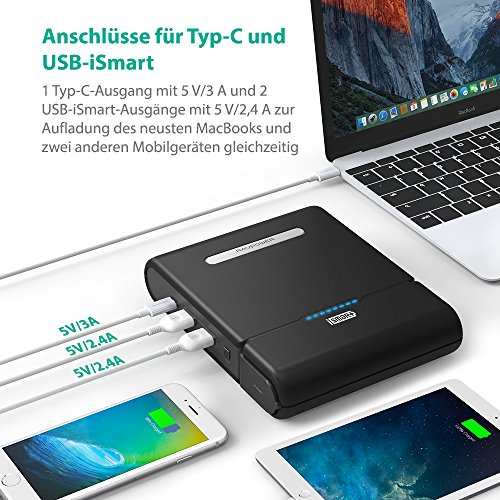 RAVPower 27000mAH Powerstation Tragbare AC Ausgang fÃ¼r 110V / 220V HaushaltsgerÃ¤te mit Type-C 5V / 3A und USB-iSmart 5V / 2,4A Port fÃ¼r Notebook, Smartphones, Tablet und weitere