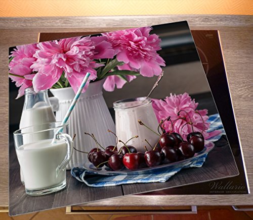 Wallario Herdabdeckplatte / Spitzschutz aus Glas, 1-teilig, 60x52cm, für Ceran- und Induktionsherde, Milch mit Kirschen zum Frühstück mit rosa Blumenarrangement - 2