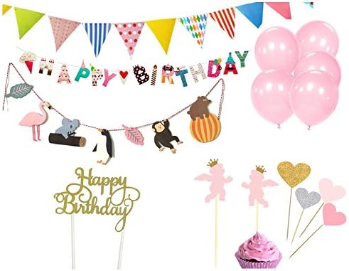 Super44day Colorful Happy Birthday Banners Garland Cake Topper Decorations set -,Banner Flags, Cupcake Topper+ 6*Balloon,Birthday Kit for Baby Boy/Girl and Kids Birthday Party Decoration (Pink)