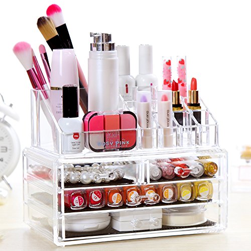 Homdox Acryl Kosmetikorganiser Transparent Kosmetik Aufbewahrung Makeup Organizer mit Schubladen (3 Schichten mit 4 Schubladen)