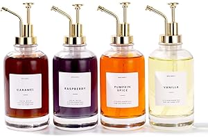 Distributore di Sciroppo Molimoli per Bar, Bottiglia di Sciroppo in Vetro con Pompa, 16,9 oz 500 ml, Set di 4, Distributore con Pompa Dorata Migliorata