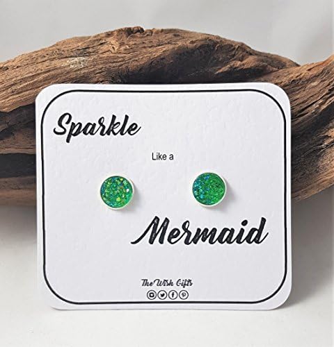 Silver Plated Stud Mermaid Colour Druzy Style sparkly Earrings Card Mounted - 12mm