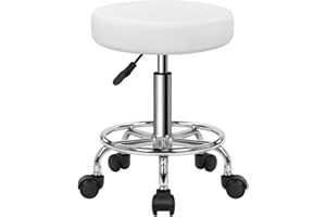 KKTONER PU Leather Round Rolling Stool with Foot Rest Swivel Height Adjustment Spa Drafting Salon Tattoo Work Office Massage Stools Task Chair Small (White)