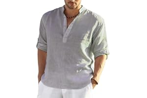 PADOLA Hombre Camisas Lino T-Shirt Suelta Manga Larga Casual Top Color Sólido Camisa de Verano Regular Fit Respirable Henley Camisas Casual