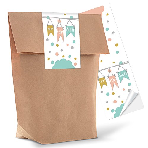 25 kleine braune Geschenktüten Papier-Tüten mit Aufkleber Sticker NUR FÜR DICH in Pastell-Farben 14 x 22 x 5,6 cm Kindertüten Geburtstagstüten Verpackung Gastgeschenk rosa Mitgebsel natur Beutel