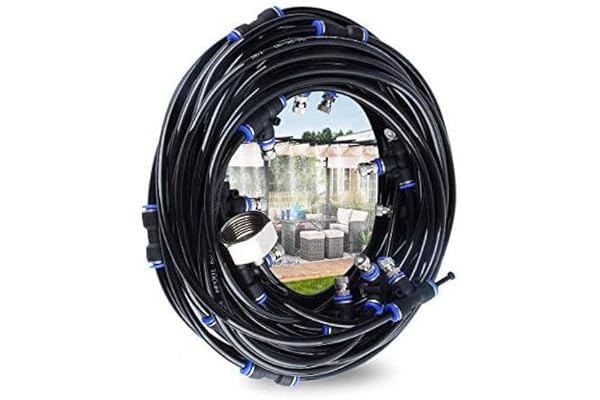 Brumisateur Exterieur, 18M Brumisateur Terrasse avec 17 Buse Brumisateur +2 Buses de Rechange+1Adaptateur (en Laiton, 3/4") Brumisateur pour Patio Jardin Serre pour Parc Aquatique