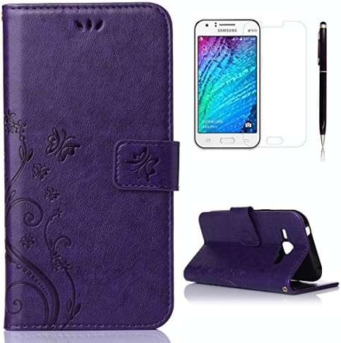 Pheant® [3in 1] Samsung Galaxy J1 2015 SM-J100H Case Flip Cover Wallet Shell Casing Embossing Butterfly Flower Design Phone Skin in PU Leather with Tempered Glass Screen Protector Stylus Pen