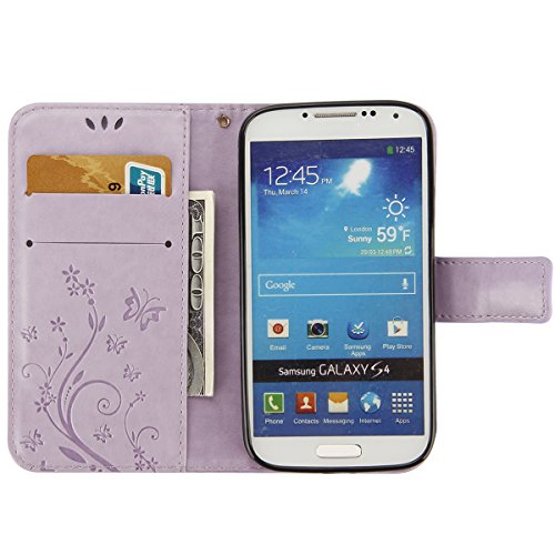 Galaxy S4 Hülle,Samsung Galaxy S4 Case,Samsung Galaxy S4 i9500 PU Leder Wallet Brieftasche Schutzhülle,Ukayfe Drucken Schmetterling Blumen Muster PU Leder Flip Case im Bookstyle Folio Wallet Cover Ledertasche Schutzhülle Case Tasche mit Standfunktion und Karte Halter Lederhülle für Samsung Galaxy S4 – Hell Lila - 4