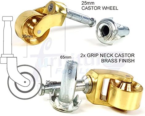2X BRASS CASTOR SOCKETS. BRASS PUSH IN CASTORS. BRASS GRIP NECK CASTOR, FOR FURNITURE BEDS, SOFAS CHAIRS AND STOOLS - PKC416